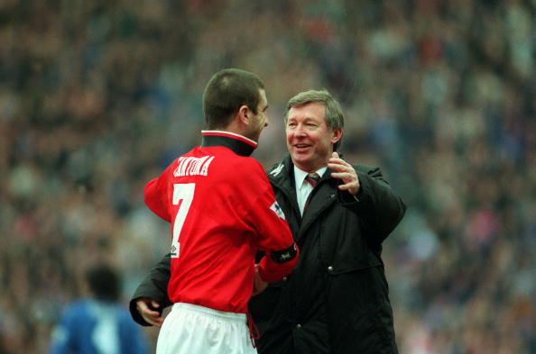 31st January 1996. FA.Cup Semi-Final at Villa Park. Machester United 2.v Chelsea 1. Manchester United Manager Alex Ferguson celebrates the victory with his captain Eric Cantona