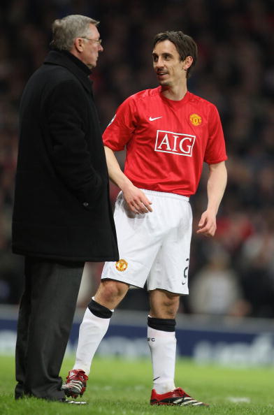 Gary Neville of Manchester United comes on as a substiute during the UEFA Champions League Quarter-Final second leg match between Manchester United and AS Roma at Old Trafford 2008
