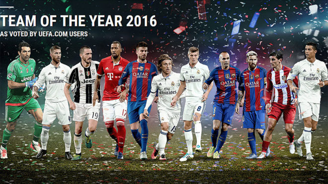 تیم منتخب سال 2016 یوفا از نگاه کاربران-لالیگا اسپانیا-بوندس لیگا-سری آ ایتالیا-لیگ برتر انگلیس