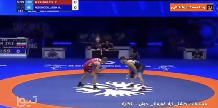 پیروزی 5 بر 4 محمد نخودی در نیمه نهایی وزن 79 کیلوگرم کشتی آزاد قهرمانی جهان مقابل واسیل میخایلوف از اوکراین / فیلم