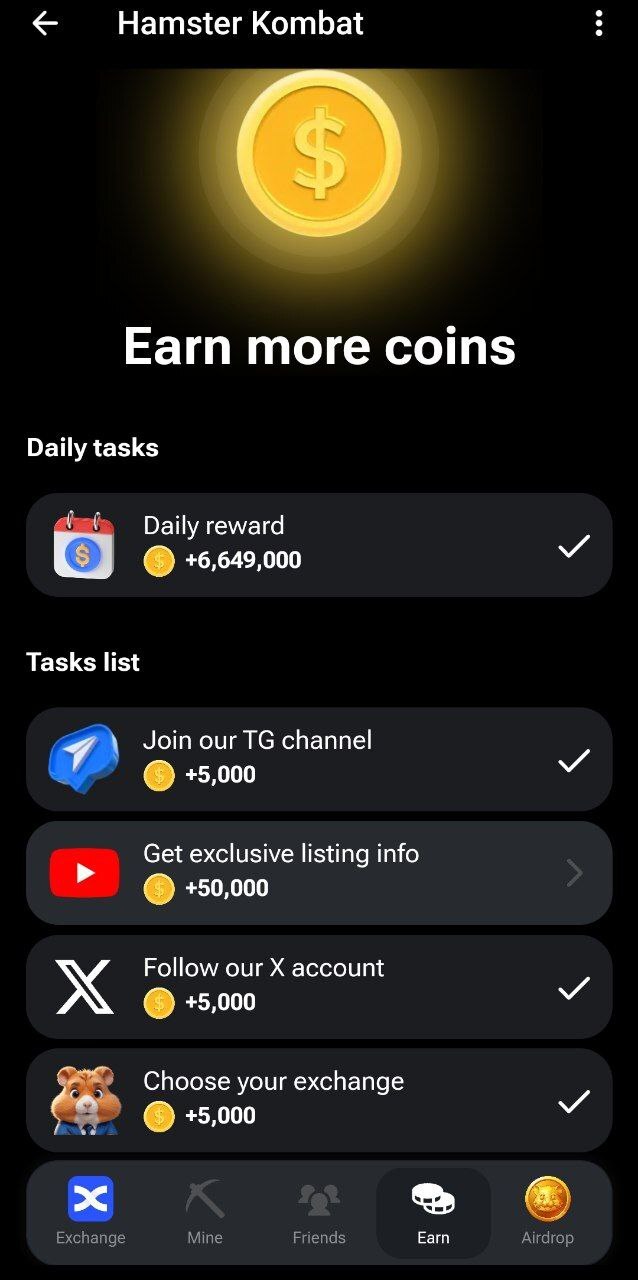 بخش earn در برنامه همستر