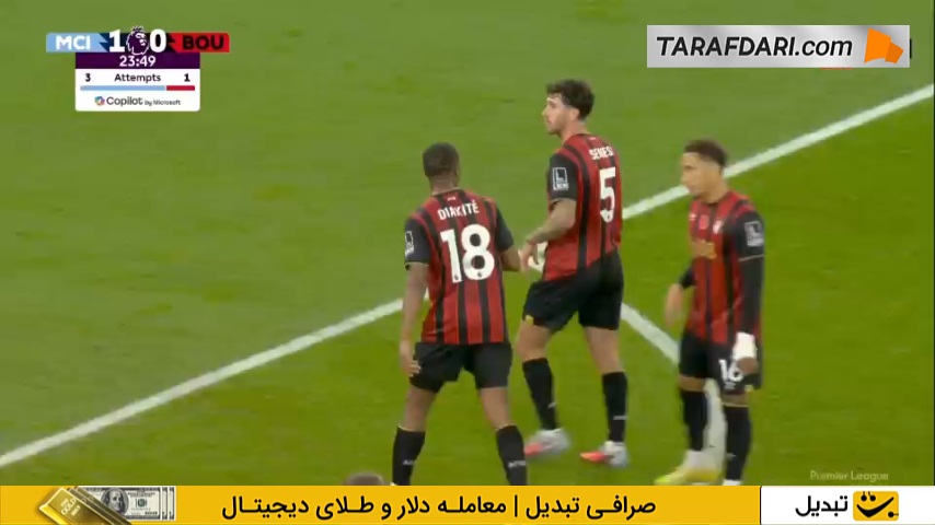 گل تایلر آدامز به منچسترسیتی روی دفع اشتباه دوناروما (منچسترسیتی 1-1 بورنموث) 