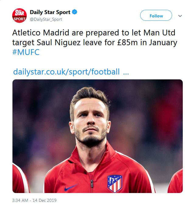 ? (شایعه) دیلی استار : اتلتیکو مادرید رقم درخواستی خود برای سائول نیگز را به 85 میلیون پوند کاهش داده است !