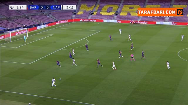 برخورد ضربه دریس مرتنز به تیر دروازه بارسلونا (بارسلونا 0-0 ناپولی)