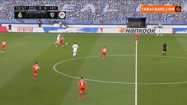 گل کریم بنزما به سویا که در موقعیت آفساید به ثمر رسید (رئال مادرید 0-0 سویا)